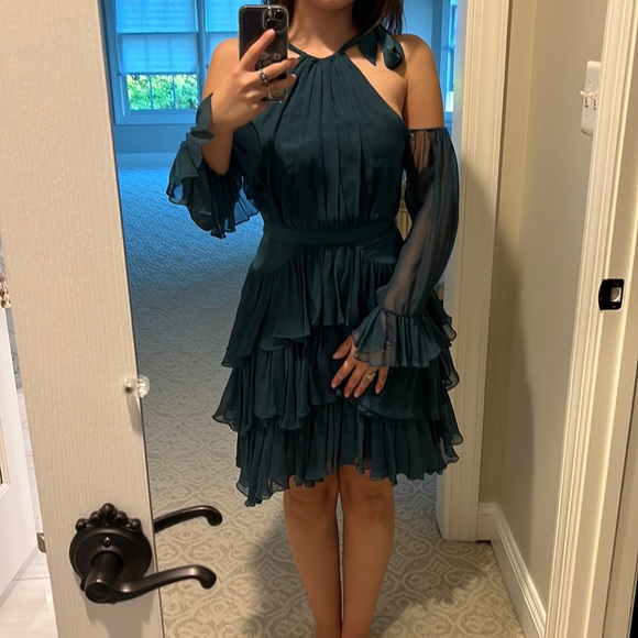 Cinq a Sept Ruffled Emerald Green Dress with shelves Chiffon - Picture 2 of 7